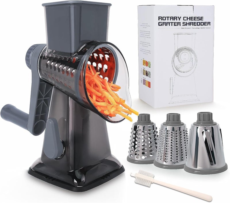 TiwisiTe Rotary Cheese Grater Multi-Purpose Stainless Steel Shredder- Cheese Grater With handle Effortless Grating of Vegetables, Nuts and Fruits,with Suction Base and Cleaning Brush (gray) - Image 1